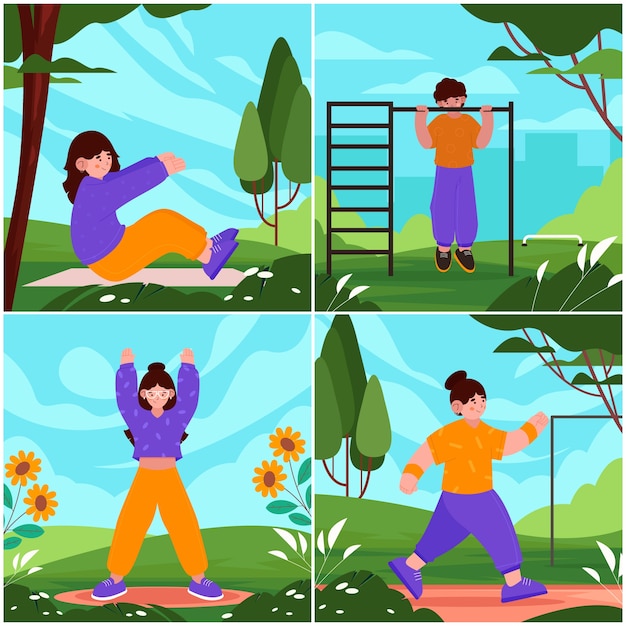 Vector conjunto de composición de entrenamiento al aire libre de dibujos animados dibujados a mano.