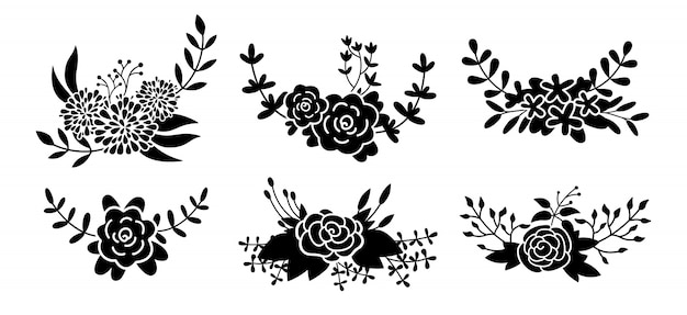 Vector conjunto de composición floral, glifo de rama de flor negra. resumen silueta hermosos elementos de diseño floral. colección ecológica de dibujos animados. grabados aislados flores. ilustración