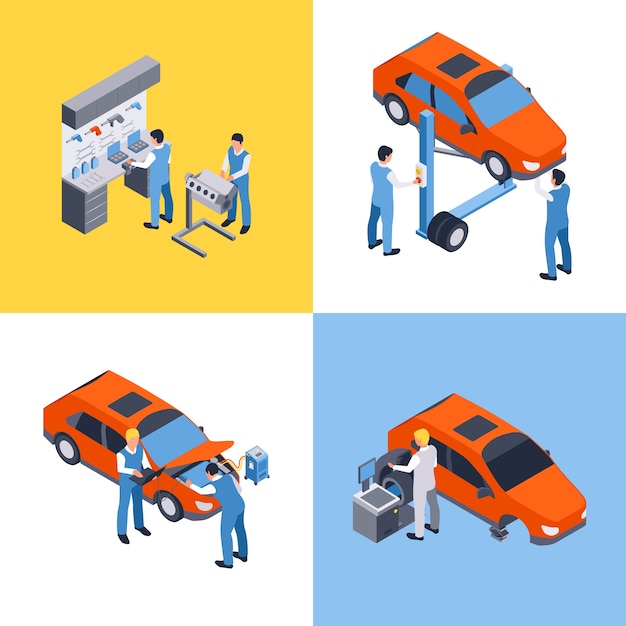 Conjunto de composición isométrica de mantenimiento de automóviles