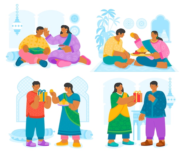 Conjunto de composición mini de bhai dooj dibujado a mano