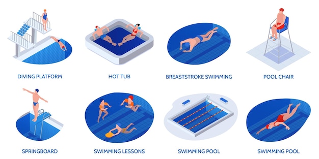 Conjunto de composición de piscina isométrica con plataforma de buceo, bañera de hidromasaje, silla de piscina, trampolín, lecciones, descripciones, ilustración vectorial