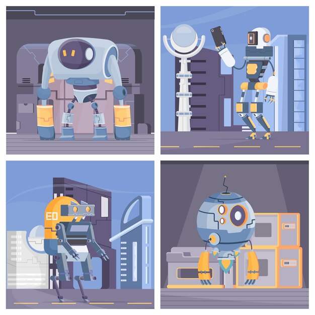 Vector conjunto de composición de robots de dibujos animados dibujados a mano