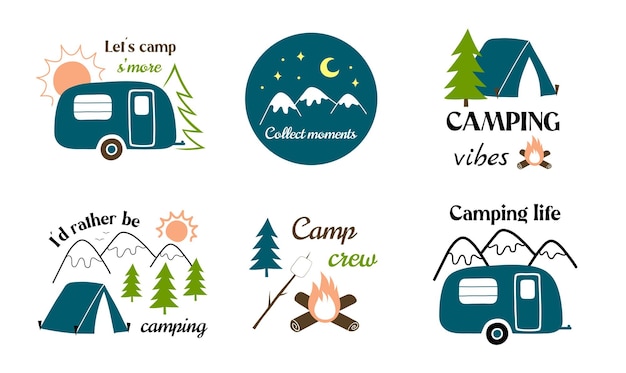 Conjunto de composiciones de camping con citas en estilo dibujado a mano concepto de camping y recreación al aire libre