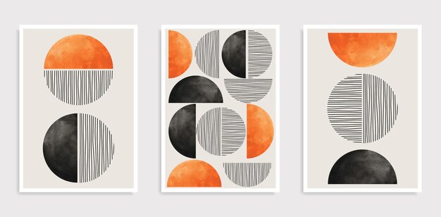 Conjunto de composiciones dibujadas a mano artísticas minimalistas creativas abstractas. Pósters de diseño geométrico de los años 20 con formas primitivas. Ideal para la decoración de paredes, como diseño de postales o folletos, ilustración vectorial