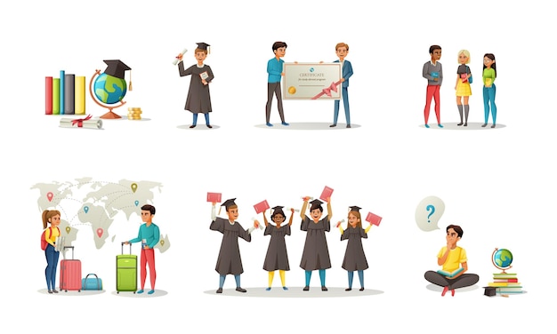 Conjunto con composiciones de dibujos animados de intercambio de estudiantes de educación global aislada con personajes humanos materiales educativos mapa del mundo ilustración vectorial