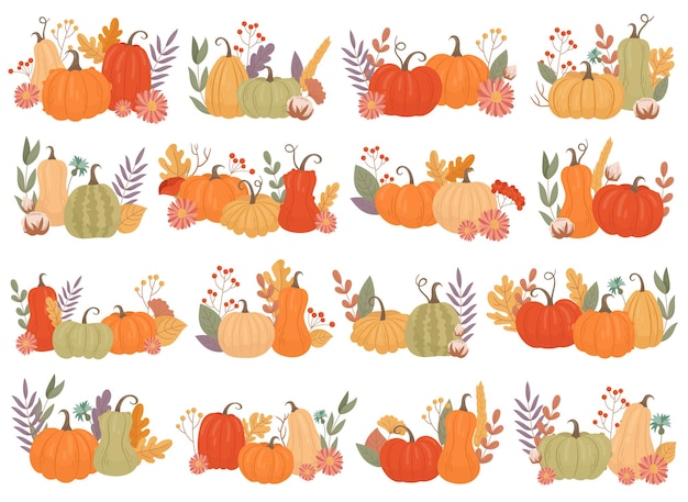Conjunto de composiciones florales de calabazas.