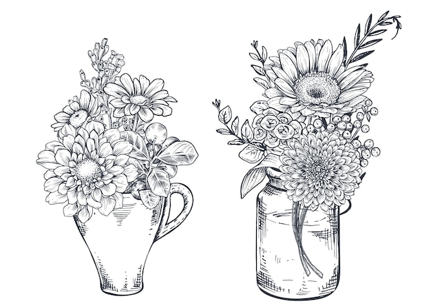Conjunto de composiciones florales Ramos con flores y plantas dibujadas a mano en jarrones y tarros Ilustraciones vectoriales monocromáticas en estilo boceto