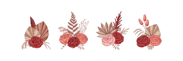 Conjunto de composiciones de flores secas modernas Ramos de boho Ilustración de vector dibujado a mano