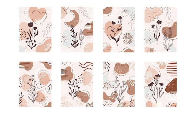 Conjunto de composiciones con hojas abstractas y texturas de formas Collage de moda para el diseño en un ecolo