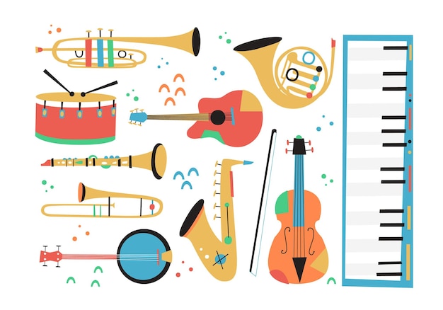 Vector conjunto de composiciones de instrumentos musicales de jazz que incluyen saxofón trombón clarinete violín contrabajo piano trompeta bombo y guitarra banjo