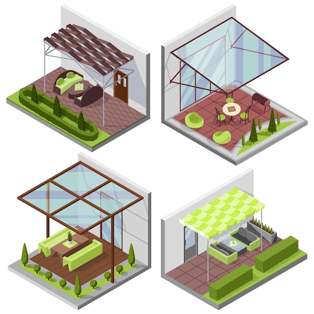 Conjunto de composiciones isométricas de patio interior con patio Casa con terraza privada cubierta desde arriba Terraza cubierta para lugar de mesa Arquitectura moderna