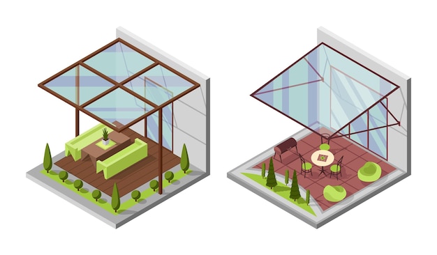 Conjunto de composiciones isométricas de patio interior con patio Casas con terraza privada y cubierta de vidrio transparente Terrazas cubiertas para mesa Arquitectura moderna