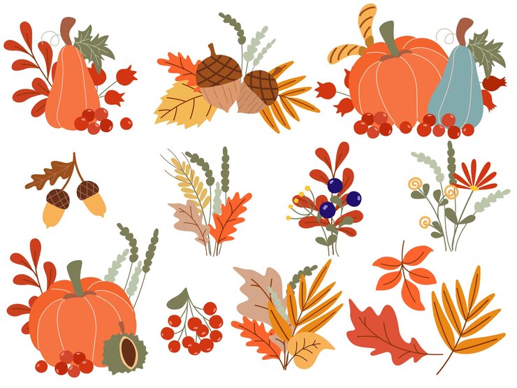 Conjunto de composiciones de otoño con bellotas de calabaza hojas de bayas de rowan y castaño agradable caída acogedora