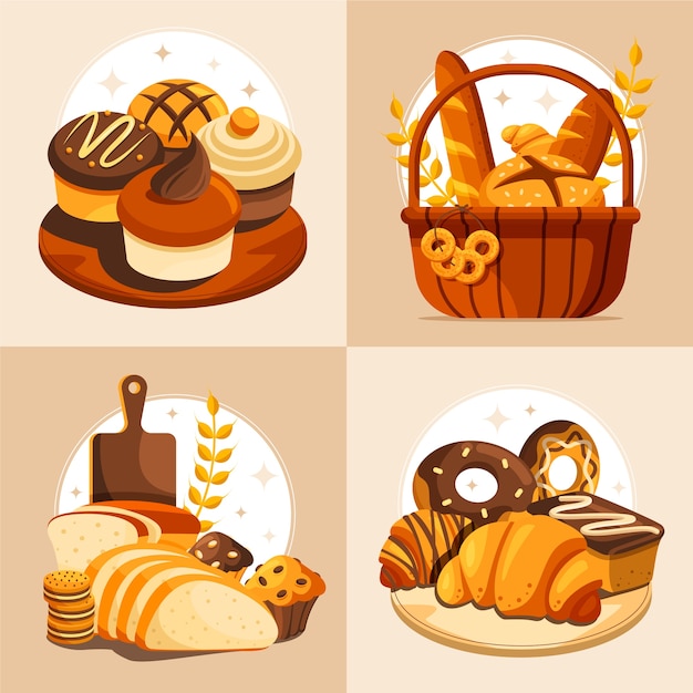 Conjunto de composiciones de panadería de dibujos animados dibujados a mano