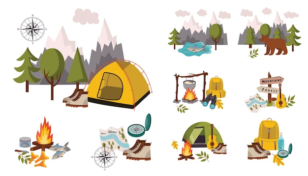 Conjunto de composiciones temáticas de campamento en estilo plano de dibujos animados con botas de tienda de chimenea montañas de brújula