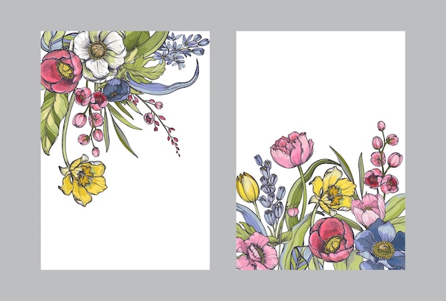 Vector conjunto de composiciones vectoriales de flores de primavera hojas y ramas diferentes flores tulipanes anémonas y otras plantas en hermosos marcos florales