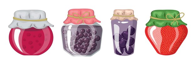 Un conjunto de compota de vidrio o frascos con verduras y frutas encurtidas Ilustración de vector plano de dibujos animados Ilustración vectorial de frutas y verduras enlatadas conjunto de comida saludable