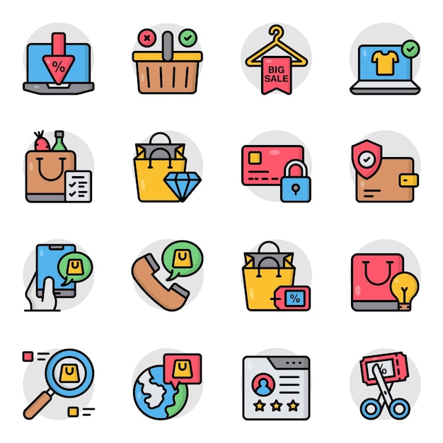 Conjunto de compras y compras de iconos planos