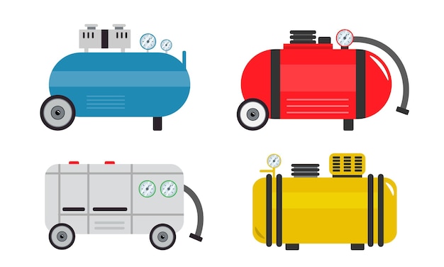 Conjunto de compresores de aire de colores aislados sobre un fondo blanco Ilustración vectorial de diferentes compresores para automóviles al estilo de dibujos animados Iconos de compresor