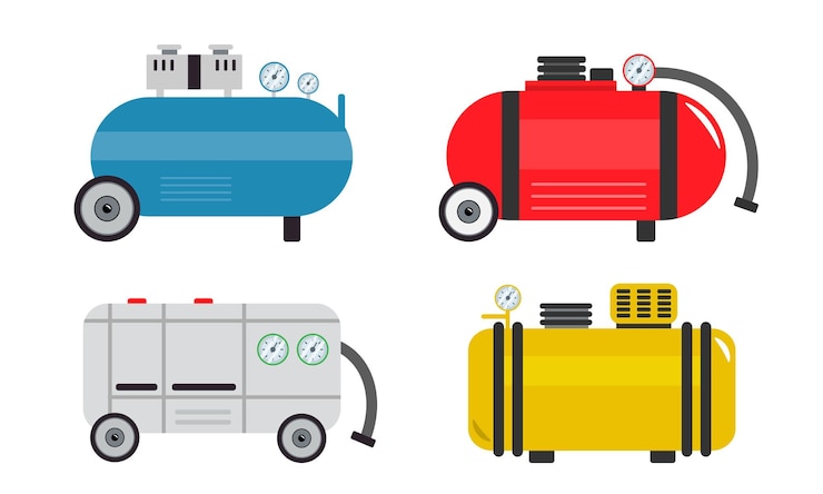 Vector conjunto de compresores de aire de colores aislados sobre un fondo blanco ilustración vectorial de diferentes compresores para automóviles al estilo de dibujos animados iconos de compresor