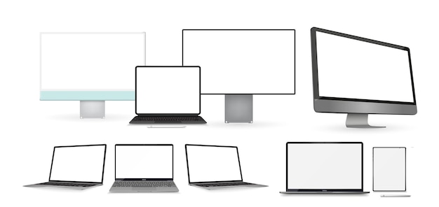 Conjunto de computación portátil smartphone con pantallas vacías ilustración vectorial
