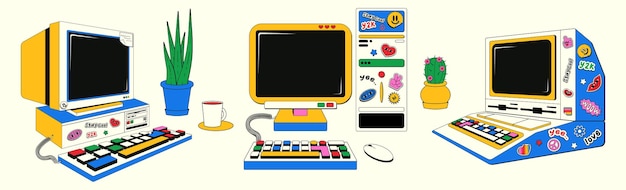 Conjunto de computadoras antiguas en estilo retro groovy ilustración de computadoras de escritorio con pegatinas Y2k