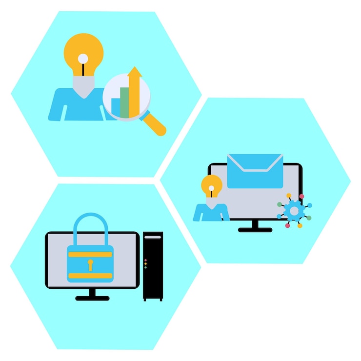 Vector conjunto de computadoras con íconos informáticos