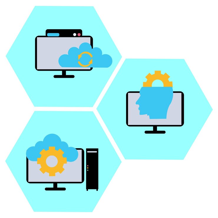 Vector conjunto de computadoras con íconos informáticos