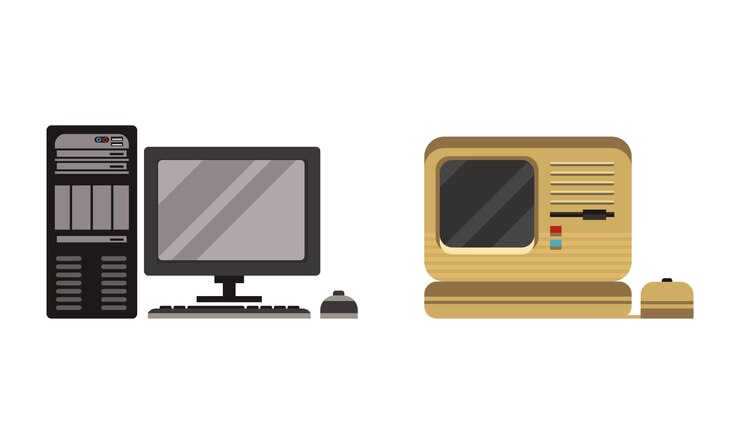 Vector conjunto de computadoras personales retro sistema de monitoreo de pc con teclado y ratón ilustración vectorial plana