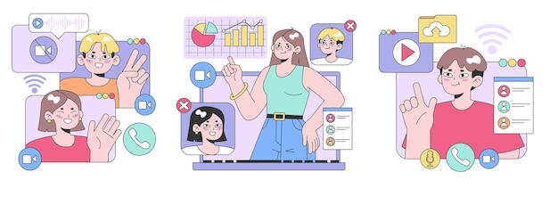 Conjunto de comunicación digital jóvenes que se involucran con interfaces multimedia video llamadas datos