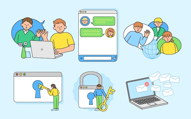 Conjunto de comunicaciones en línea envío de mensajes de correo electrónico ciberseguridad internet de las cosas vector