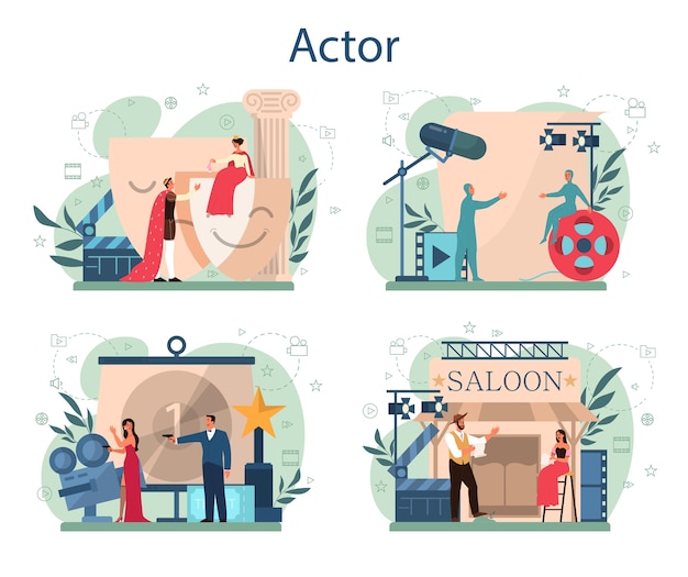 Conjunto de concepto de actor y actriz. Idea de gente creativa y profesión. Representaciones teatrales y producción cinematográfica.