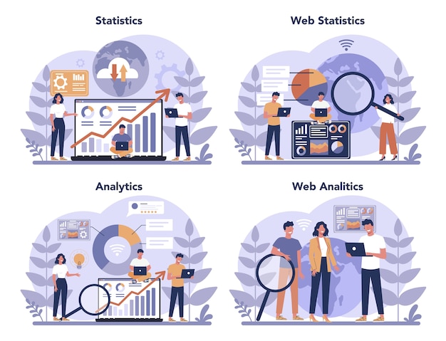 Conjunto de concepto de análisis de sitio web. mejora de la página web para la promoción empresarial como parte de la estrategia de marketing. análisis de sitios web para obtener datos para seo. ilustración plana aislada