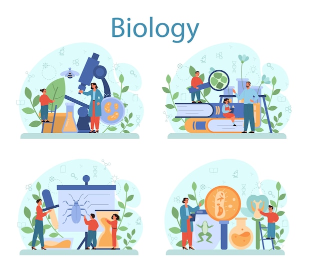 Conjunto de concepto de asignatura de escuela de biología. científico que explora los seres humanos y la naturaleza. lección de anatomía y botánica. idea de educación y experimentación.