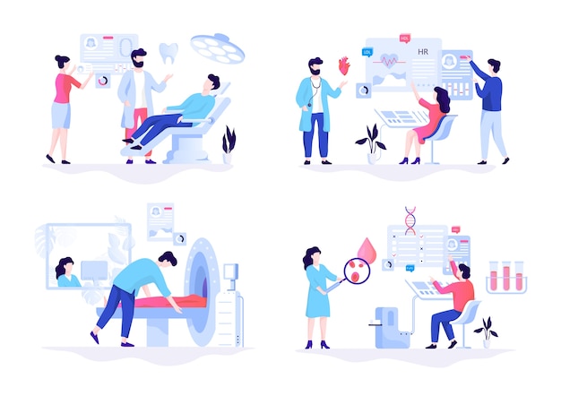 Conjunto de concepto de banner de web de medicina. Análisis de sangre y dentista