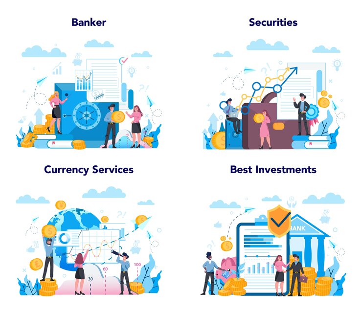 Vector conjunto de concepto de banquero o banca. idea de ingresos financieros, ahorro de dinero y riqueza. depositar e invertir una contribución en el banco.