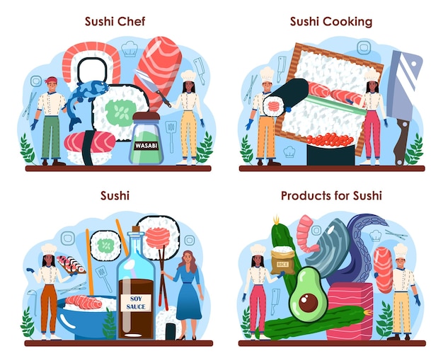 Conjunto de concepto de chef de sushi. Chef de restaurante cocinando rollos y sushi. Trabajador profesional en la cocina. Cocina japonesa de comida de mar. Ilustración vectorial plana