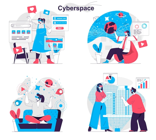 Conjunto de concepto de ciberespacio Auriculares de realidad virtual para educación y análisis de datos