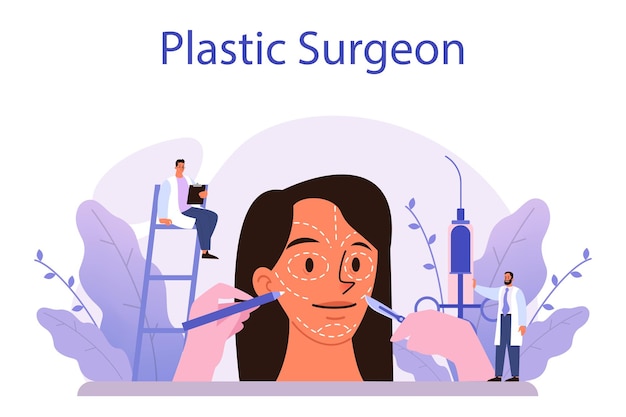 Conjunto de concepto de cirujano plástico Idea de corrección corporal y facial Rinoplastia y procedimiento antienvejecimiento en el hospital Vector ilustración plana