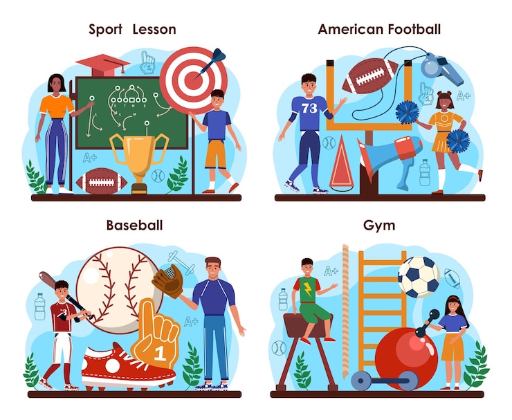 Vector conjunto de concepto de clase de educación física o deporte escolar. americano