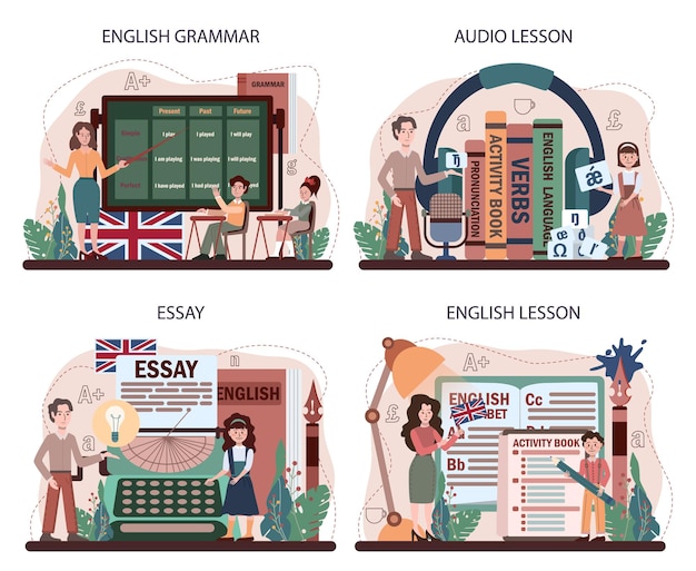 Conjunto de concepto de clase de inglés. Estudiar vocabulario extranjero. Ilustración vectorial plana