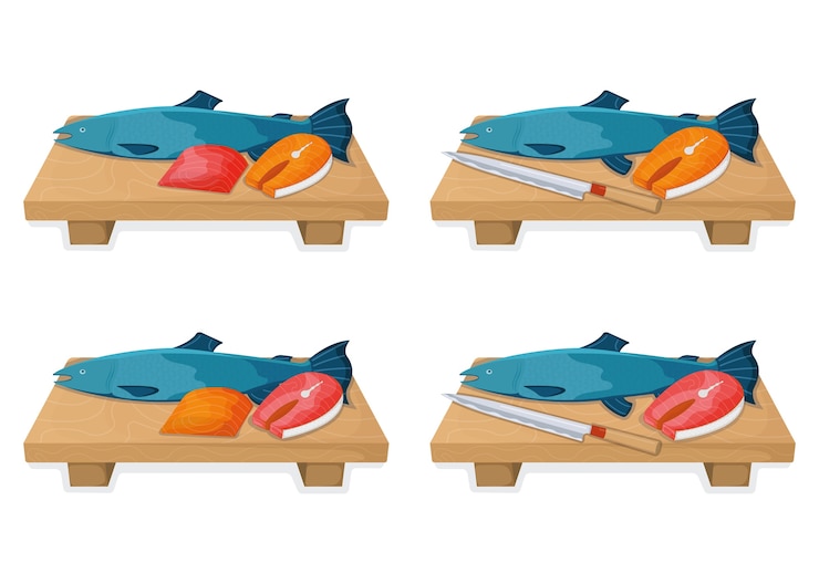 Vector conjunto de concepto de comida de pescado de salmón atlántico, estilo de dibujos animados de productos alimenticios jorobados frescos aislado en blanco, ilustración plana. tabla de cocina con cuchillo afilado, elemento de cocina.