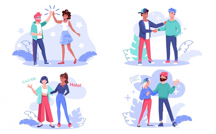 Vector conjunto de concepto de comunicación de personas multiétnicas. hombre mujer amigo de diferente nacionalidad dando cinco, hablando, apretón de manos, saludando, compartiendo noticias, teniendo una agradable conversación. diversidad de la amistad