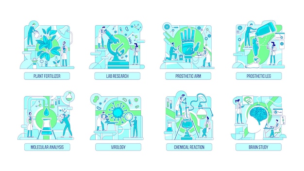 Conjunto de concepto de delgada línea de experimentos de laboratorio. científicos personajes de dibujos animados 2d para diseño web. biología, química, prótesis, neurociencia y botánica ideas creativas