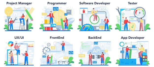 Vector conjunto de concepto de desarrollo web. programación, codificación y presentación