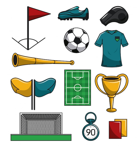 Conjunto de concepto de dibujos animados de elementos de fútbol