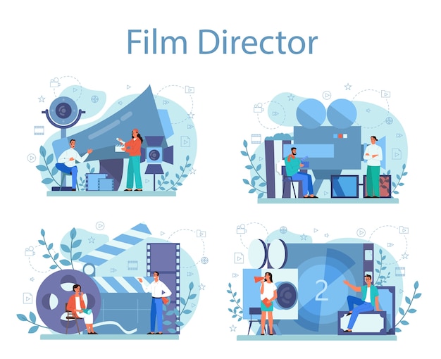 Conjunto de concepto de director de cine. Idea de gente creativa y profesión. Director de cine que lidera un proceso de filmación. Badajo y cámara, equipo para la realización de películas.