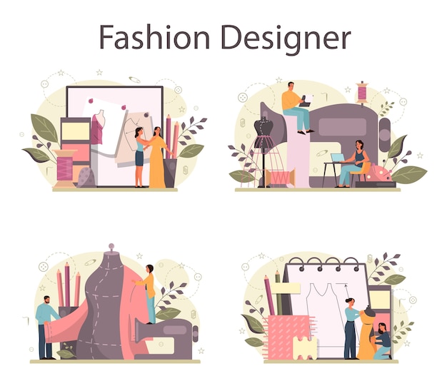 Conjunto de concepto de diseñador o sastre de moda. Maestro profesional de costura de ropa.