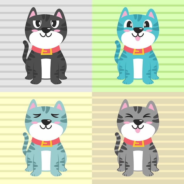 Conjunto de concepto de diseño de ilustración de dibujos animados de personaje de gato lindo