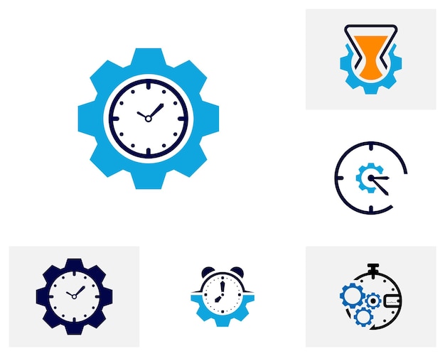 Conjunto de concepto de diseño de logotipo de reloj de engranaje vector plantilla de logotipo de gestión de tiempo icono de concepto aislado sobre fondo blanco símbolo vectorial